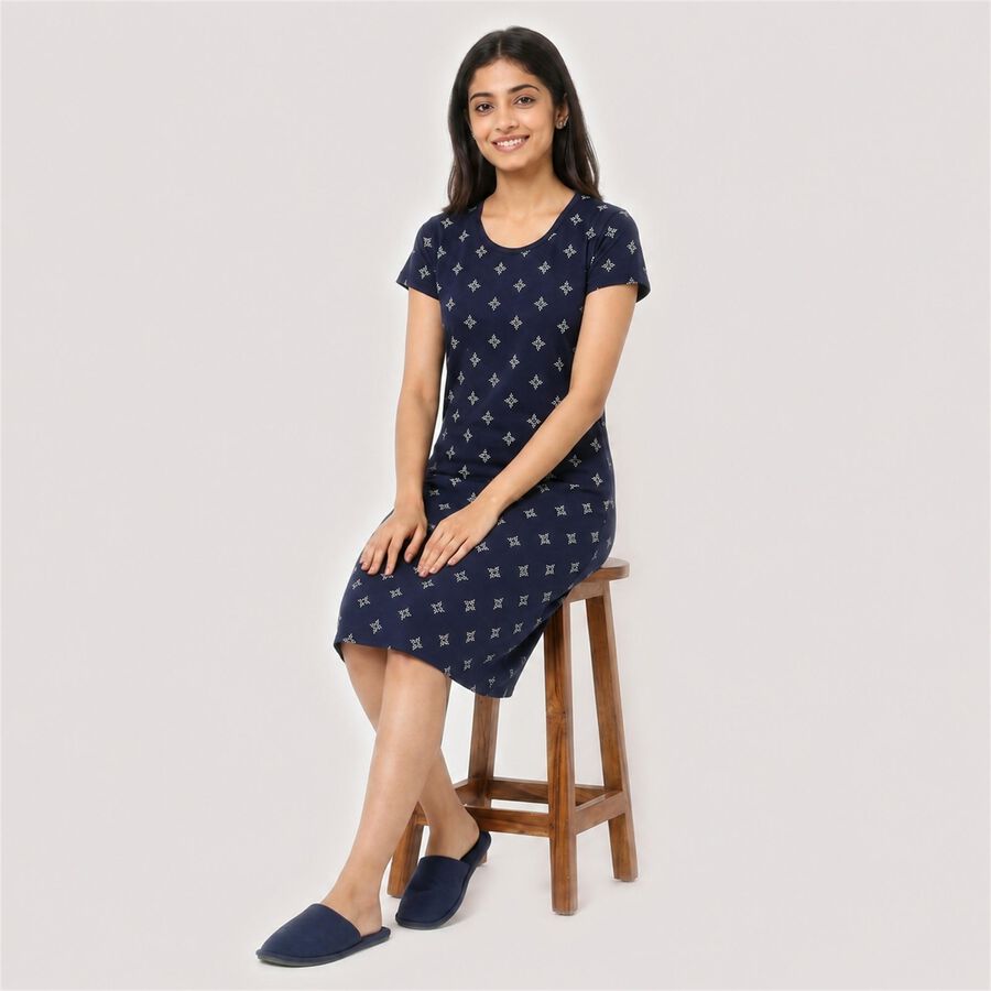 Women's Navy Blue Round Neck T-Shirt Style Nighty, Navy Blue, large