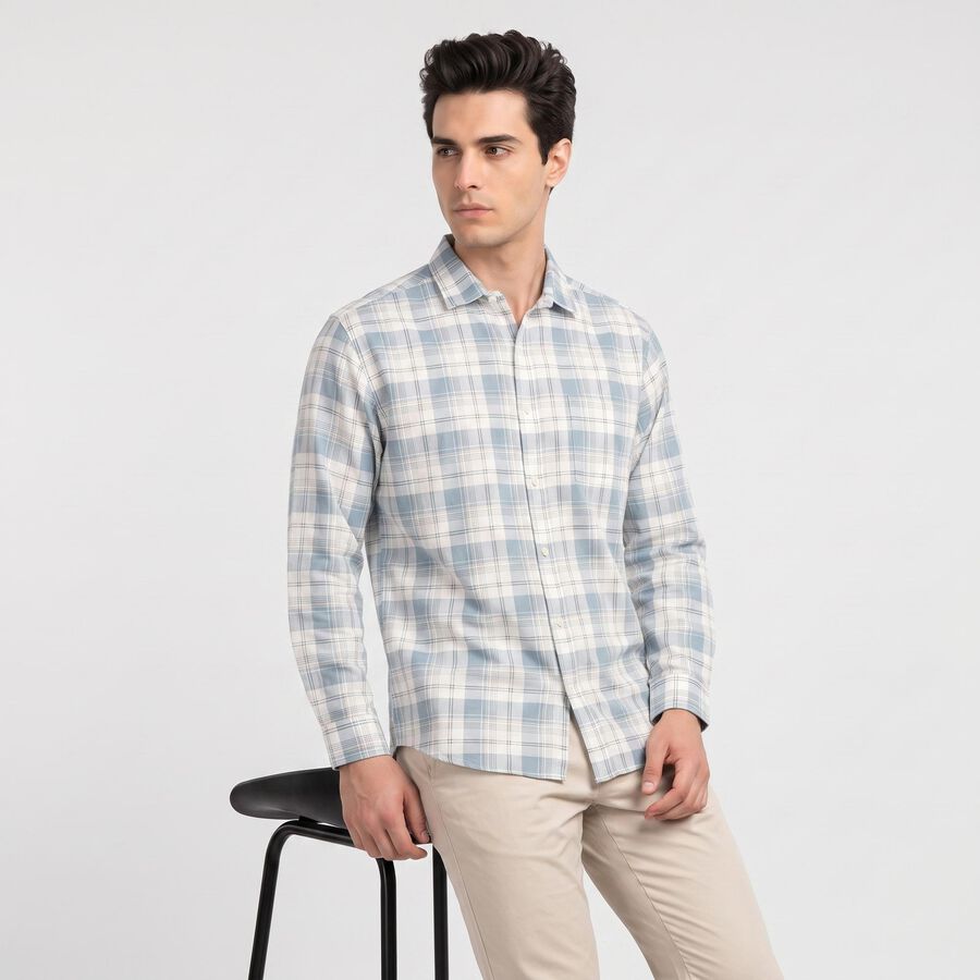 Men's Blue Cotton Casual Shirt, मध्यम नीला, large