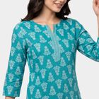 Women's Mid Blue Round Neck Printed Straight Kurti, Mid Blue, small