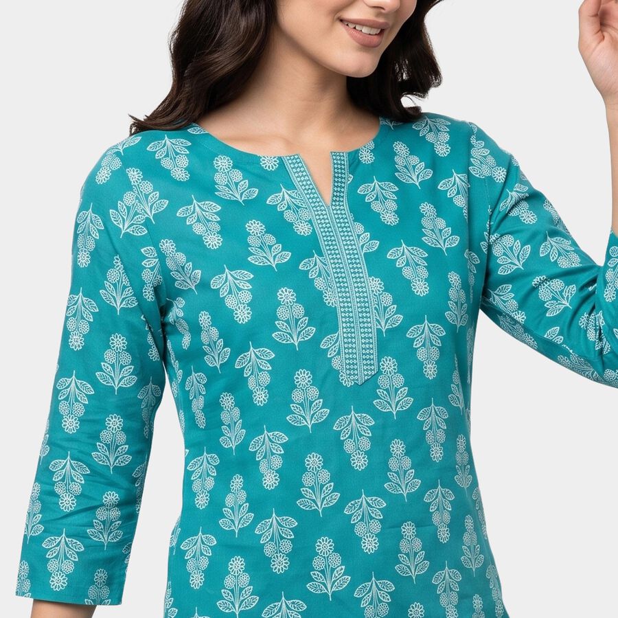 Women's Mid Blue Round Neck Printed Straight Kurti, Mid Blue, large