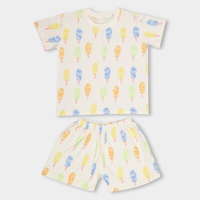 Boys Soft Eggshell White Cotton Round Neck Printed Night Suit