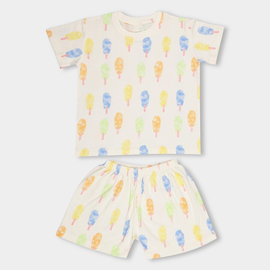 Boys Soft Eggshell White Cotton Round Neck Printed Night Suit, ऑफ व्हाइट, large image number null
