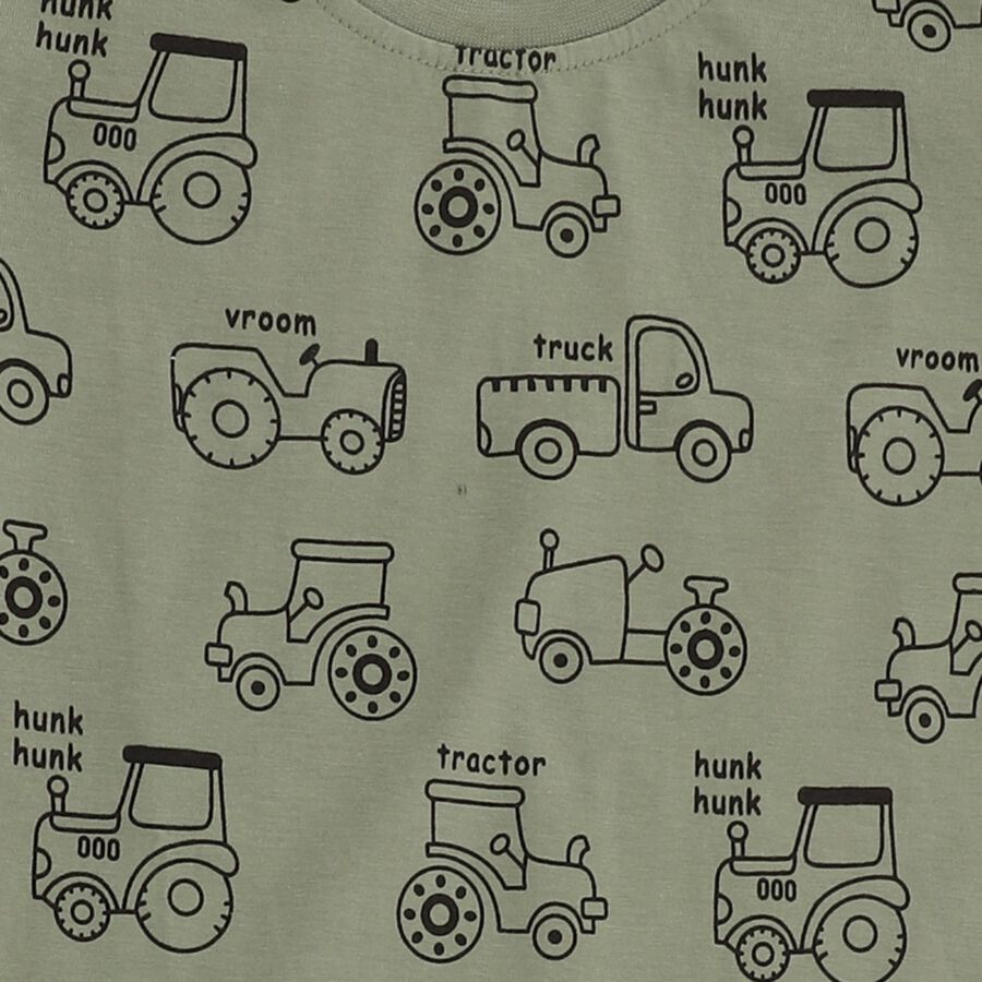 Boys' Olive Cotton Round Neck Vehicle Print Baba Suit, Olive, large image number null