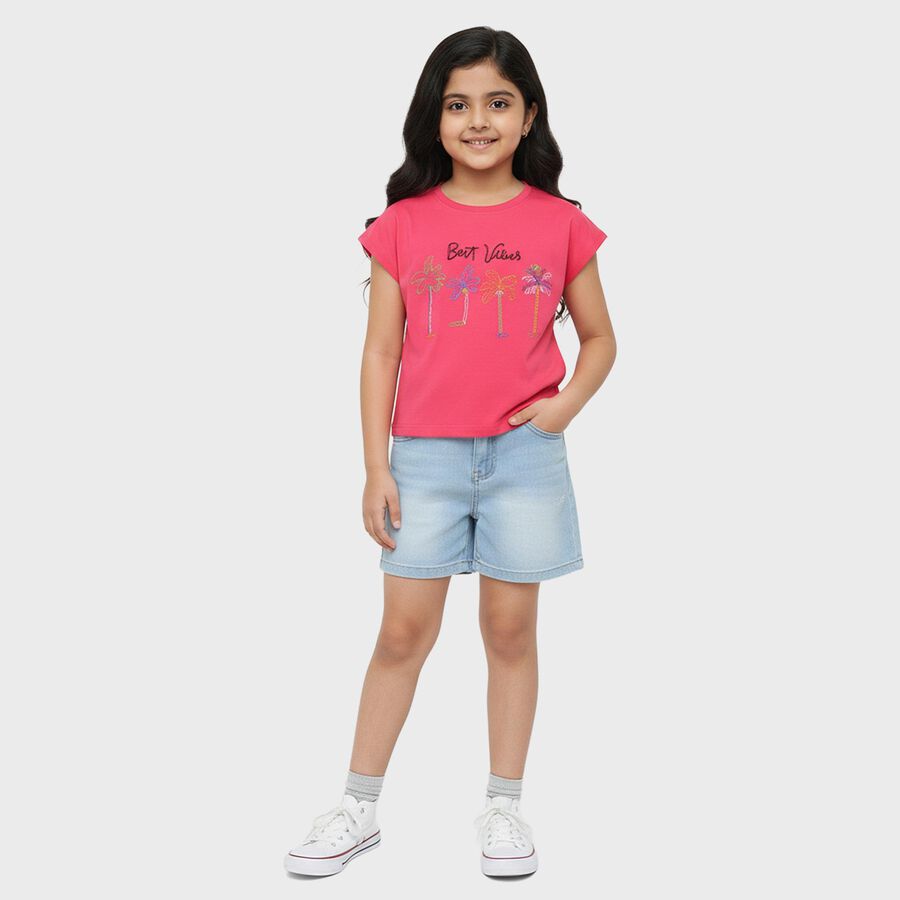 Girls' Soft Powder Pink Cotton Round Neck Casual T-Shirt, गुलाबी, large