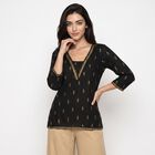 Women's Black V-Neck Printed Straight Kurti, Black, small