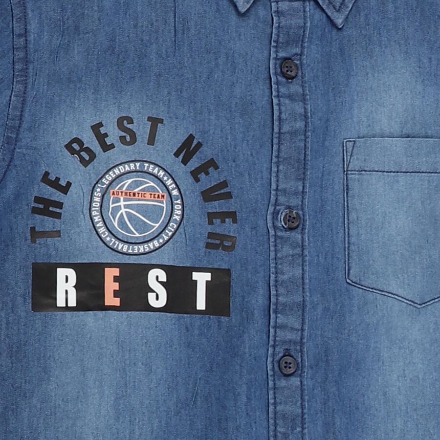 Boys' Denim Blue Half Sleeve Classic Collar Casual Shirt, मध्यम नीला, large image number null