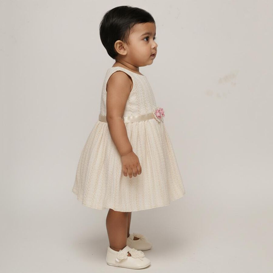 Infants' Soft Ivory Sleeveless Floral Embellished Party Frock, Beige, large image number null