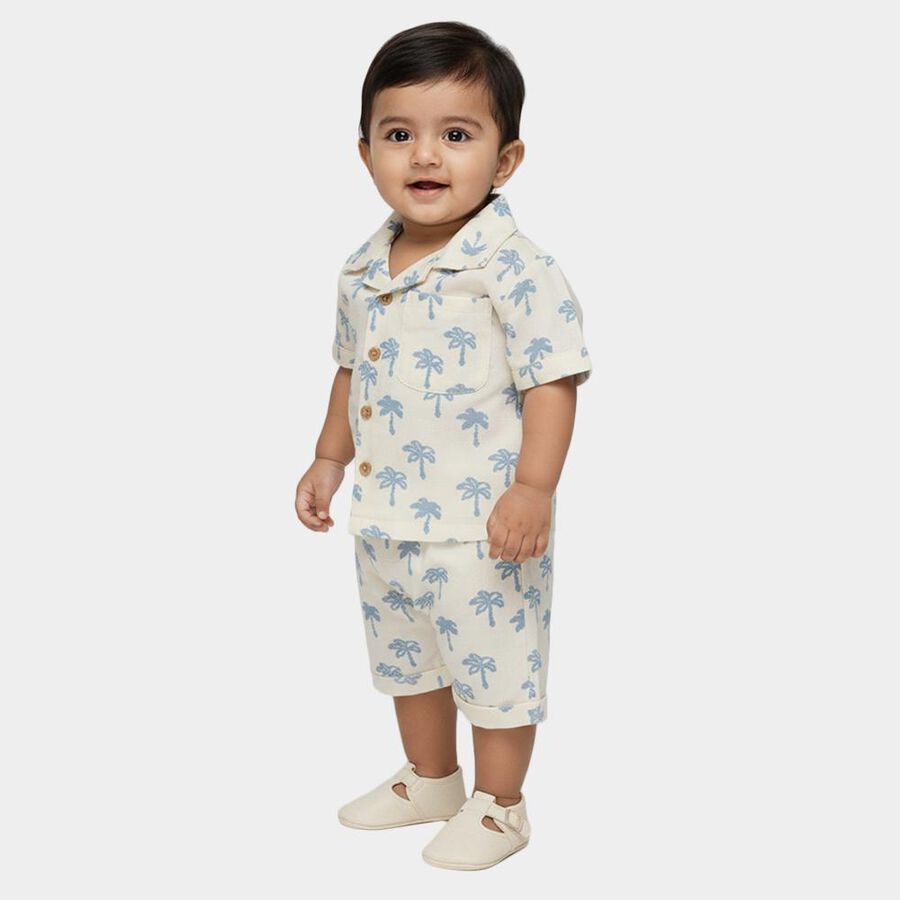 Infants' Off-White Cotton Collared Palm Tree Printed Baba Suit, Off White, large