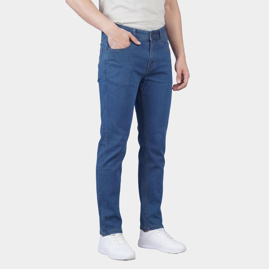 Men's Navy Blue Slim Fit Washed Jeans, मध्यम नीला, large