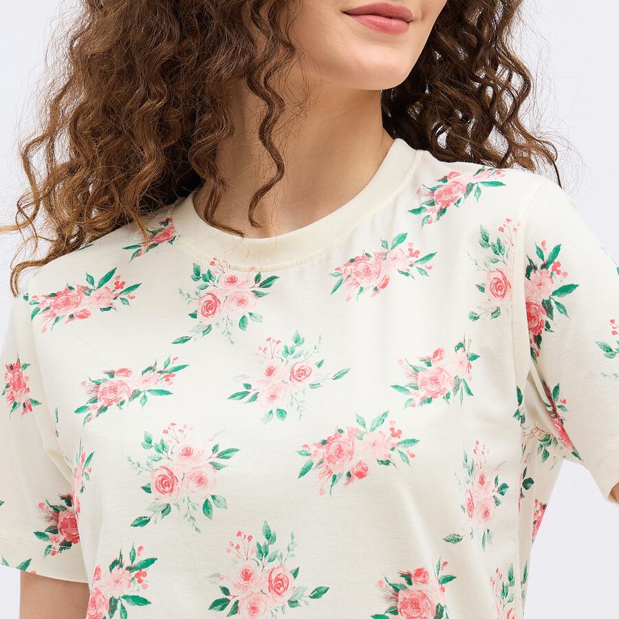 Women's Eggshell White Round Neck Floral T-Shirt, White, large image number null