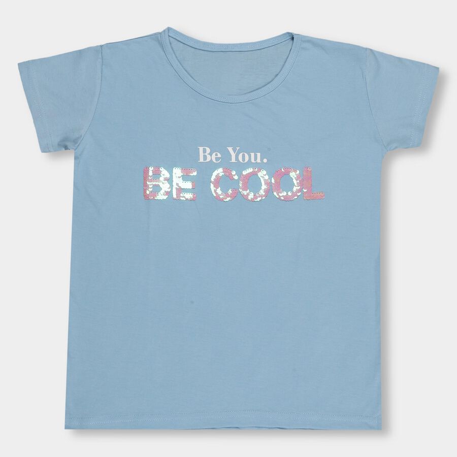 Girls Light Powder Blue Cotton Round Neck Casual T-Shirt, हल्का नीला, large image number null