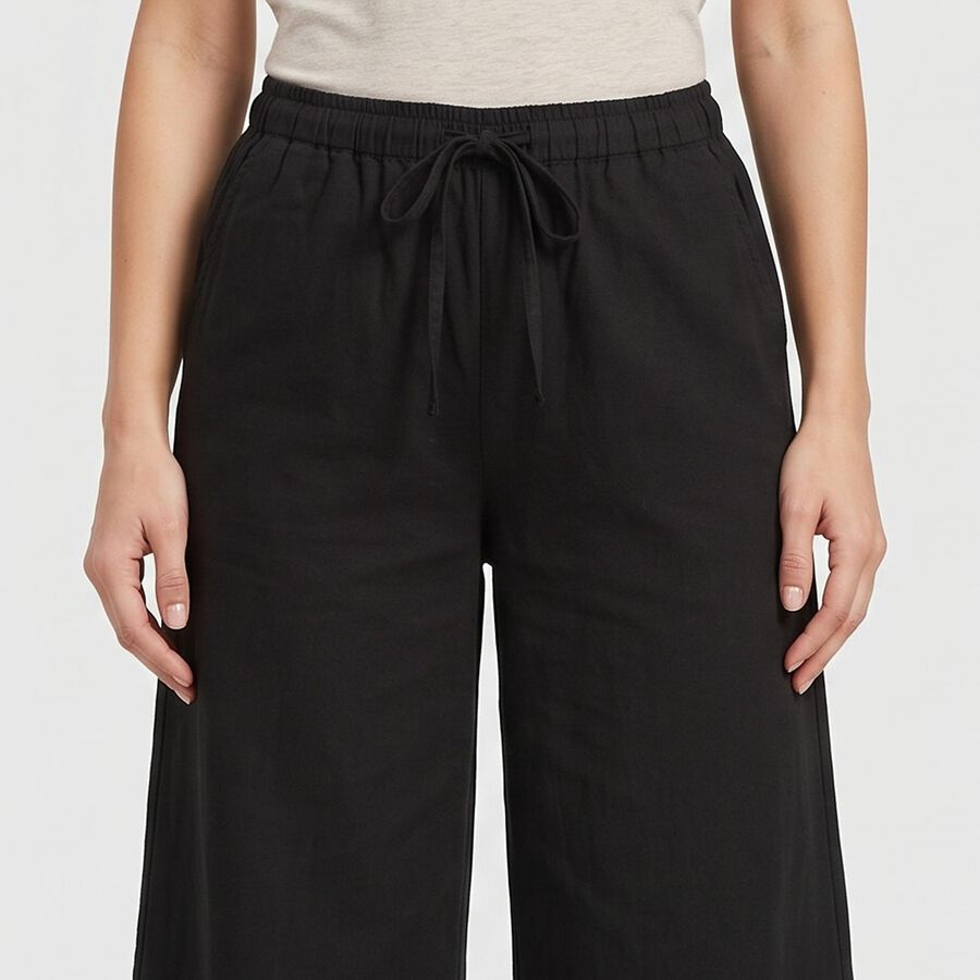 Women's Black Wide Leg Drawstring Track Pants, Black, large
