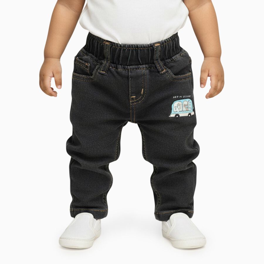 Infants' Dark Charcoal Black Relaxed Fit Cartoon Print Jeans, Dark Grey, large