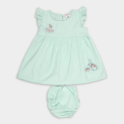 Infants' Mint Green Embroidered Ruffled Cotton Frock