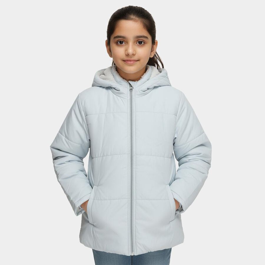 Girls Light Blue Hooded Casual Jacket, Light Blue, large image number null
