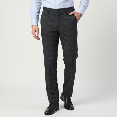 Men's Navy Blue Slim Fit Checked Formal Trousers