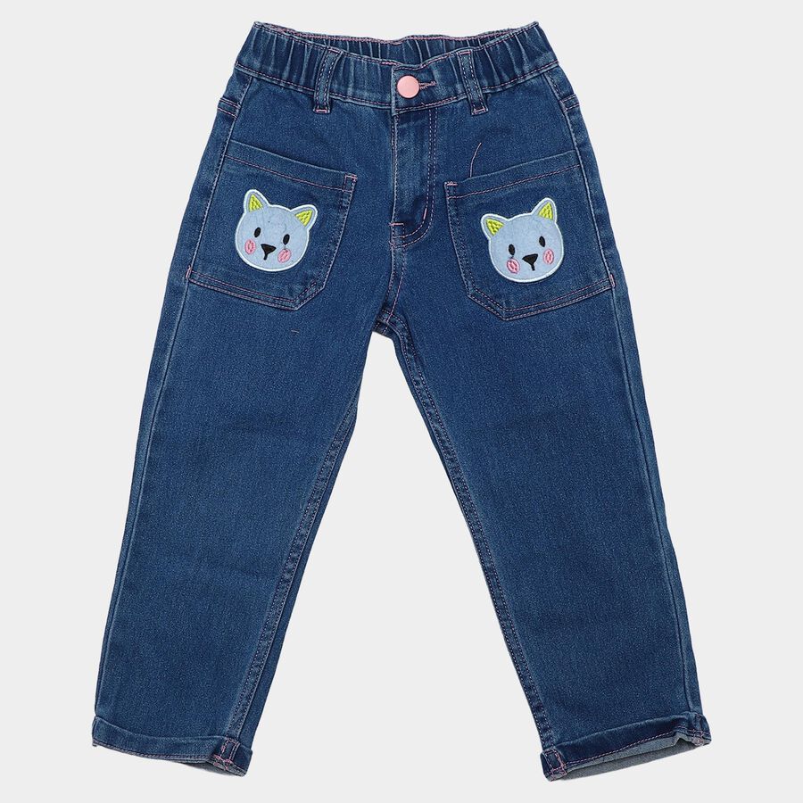 Girls' Blue Straight Fit Embroidered Jeans, Mid Blue, large