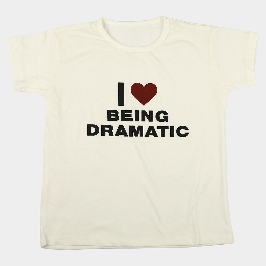 Girls White Round Neck Casual T-Shirt, सफ़ेद, large