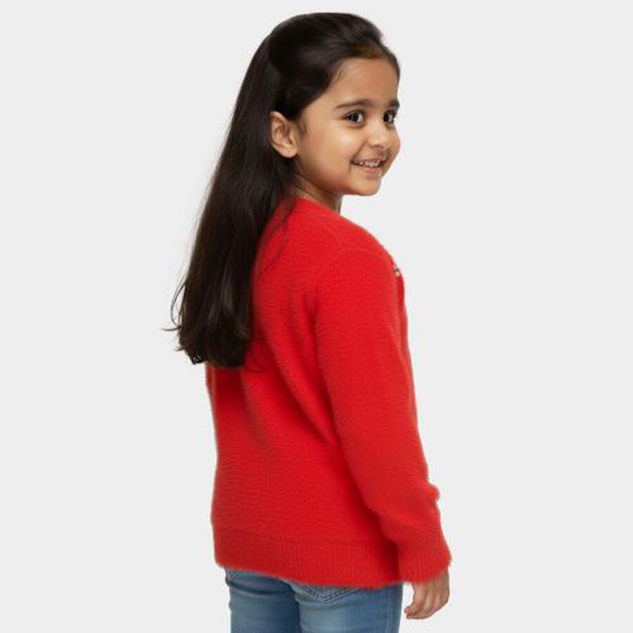 Girls Bright Cherry Red Crew Neck Casual Pullover, Red, large image number null