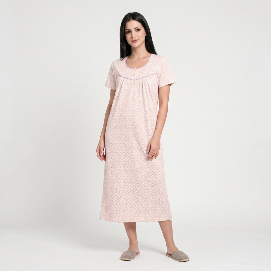 Women's Off White Round Neck A-Line Nighty, ऑफ व्हाइट, large