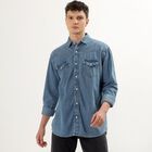 Men's Denim Blue Cotton Classic Collar Casual Shirt, Dark Blue, small image number null
