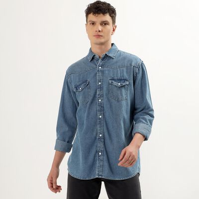 Men's Denim Blue Cotton Classic Collar Casual Shirt