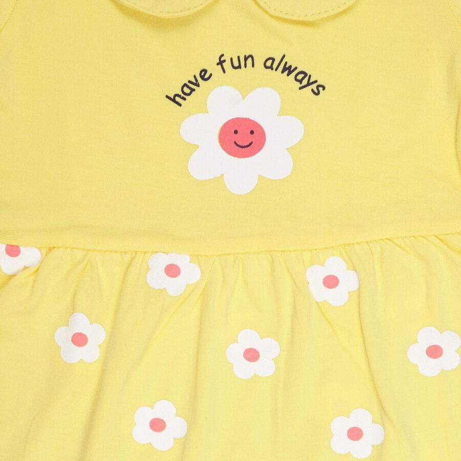 Infants' Bright Yellow Cotton Collar Printed Frock, Yellow, large