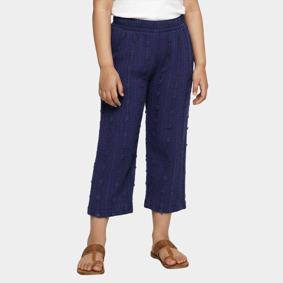 Girls' Deep Navy Blue Wide-Leg Textured Trousers, Navy Blue, large image number null