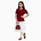 Girls' Maroon Round Neck Ruffle Sleeve T-Shirt, वाइन, small