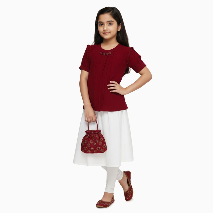 Girls' Maroon Round Neck Ruffle Sleeve T-Shirt, वाइन, large