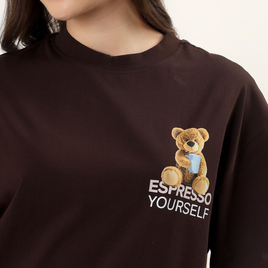 Women's Brown 100% Cotton Round Neck Minimalist T-Shirt, Brown, large