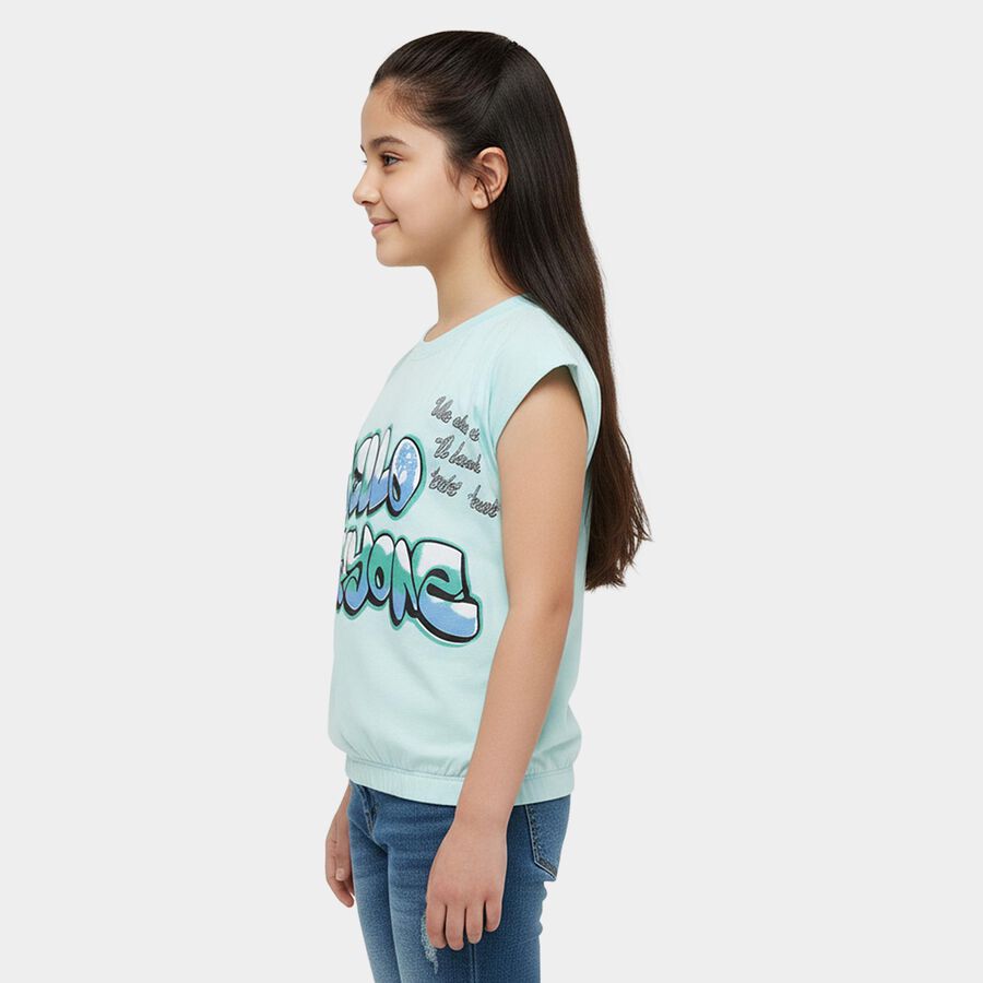 Girls' Light Blue Cotton Round Neck Graphic Print T-Shirt, Light Blue, large