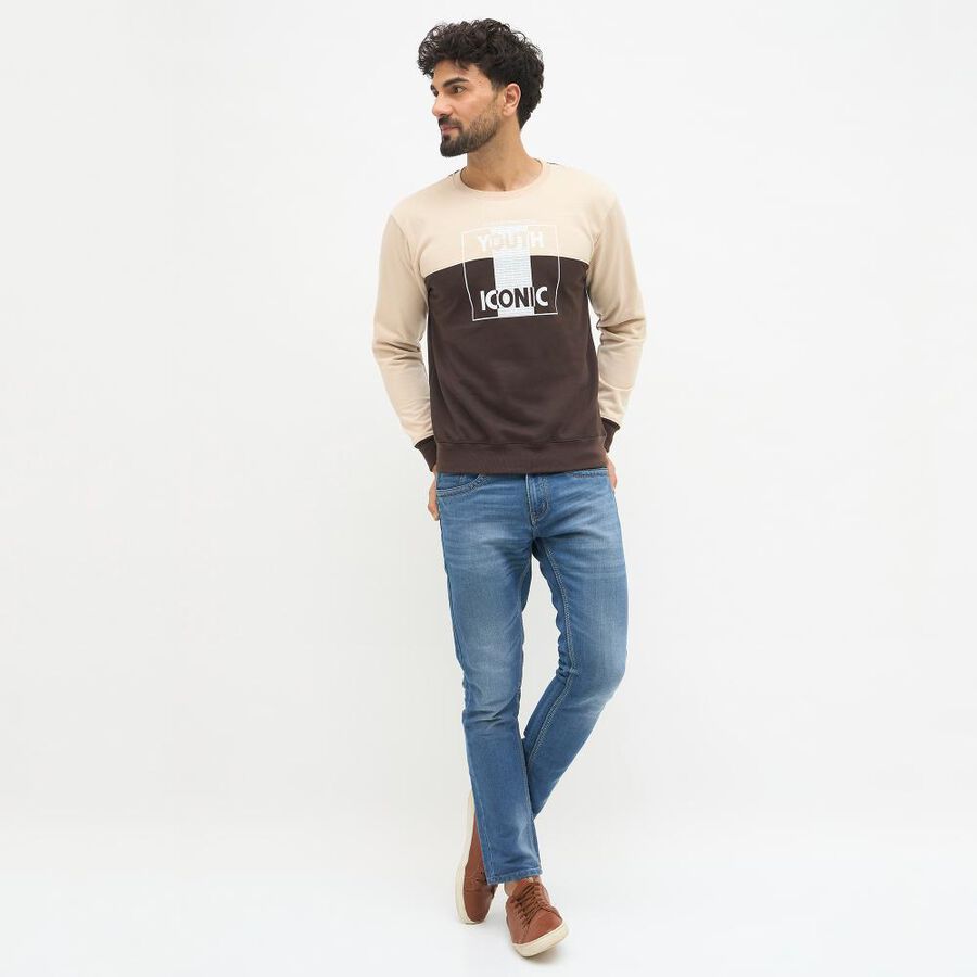 Men's Beige and Brown Crew Neck Casual Sweatshirt, गहरा पीला, large image number null