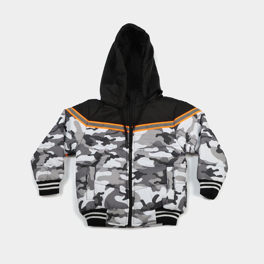 Boys Grey Hooded Puffer Jacket, Dark Grey, large