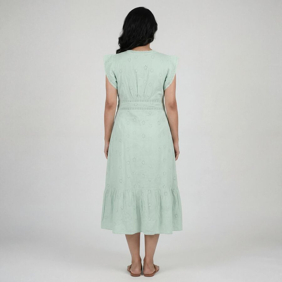Women's Light Green Cotton Round Neck Floral Print Ruffle Sleeve Dress, Light Green, large