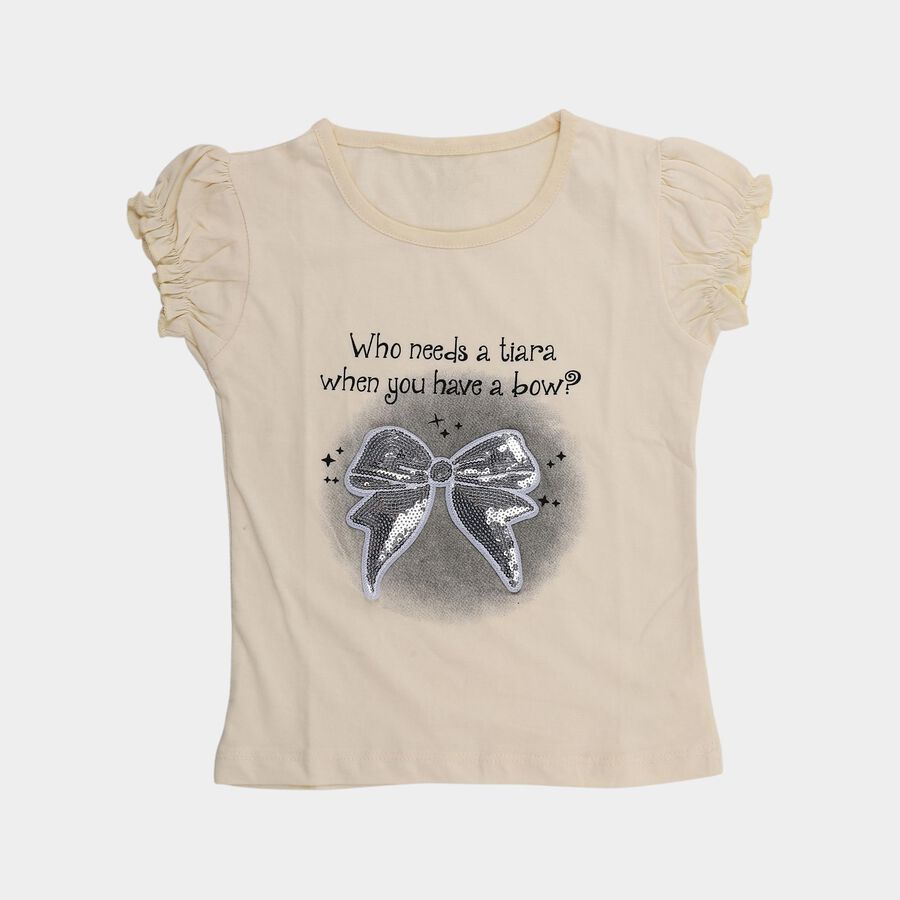 Girls Beige Cotton Round Neck Casual T-Shirt, Beige, large