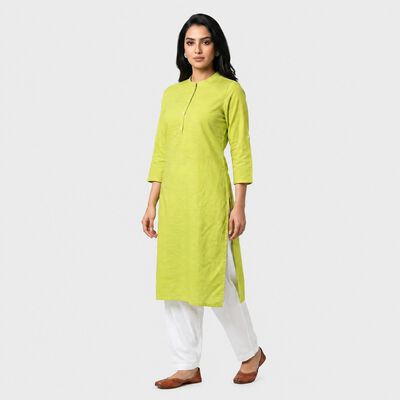 Women's Green Cotton Mandarin Collar Solid Straight Kurta
