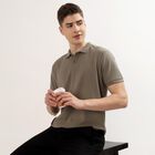 Men's Olive Polo Neck Textured T-Shirt, Olive, small