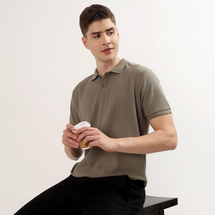 Men's Olive Polo Neck Textured T-Shirt, Olive, large
