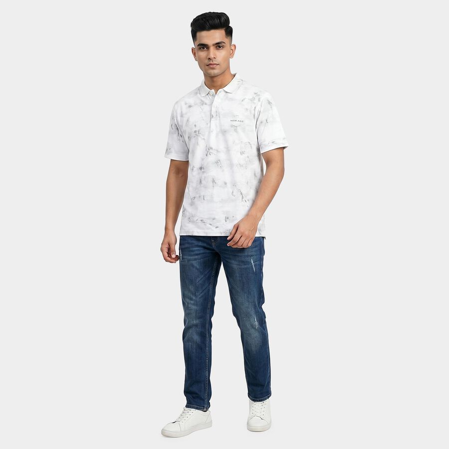Men's Grey Cotton Polo Neck Abstract Printed T-Shirt, हल्का ग्रे, large