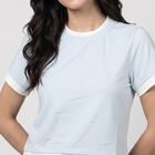Women's Light Blue Cotton Blend Round Neck Crop Top, Light Blue, small