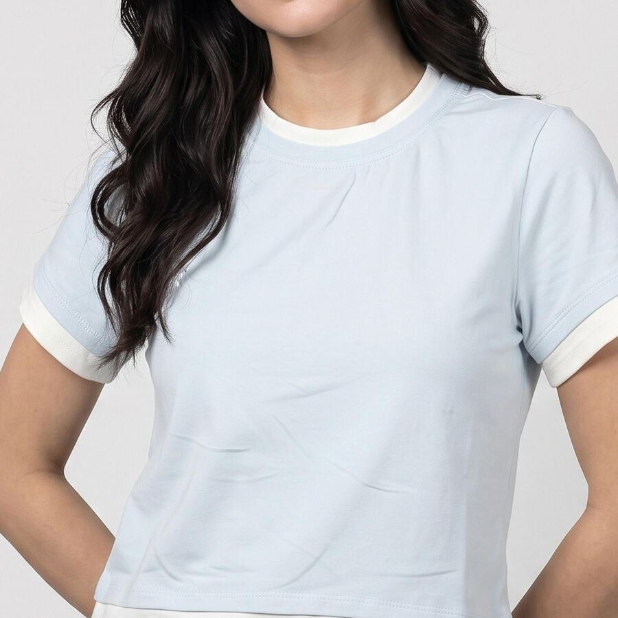 Women's Light Blue Cotton Blend Round Neck Crop Top, Light Blue, large