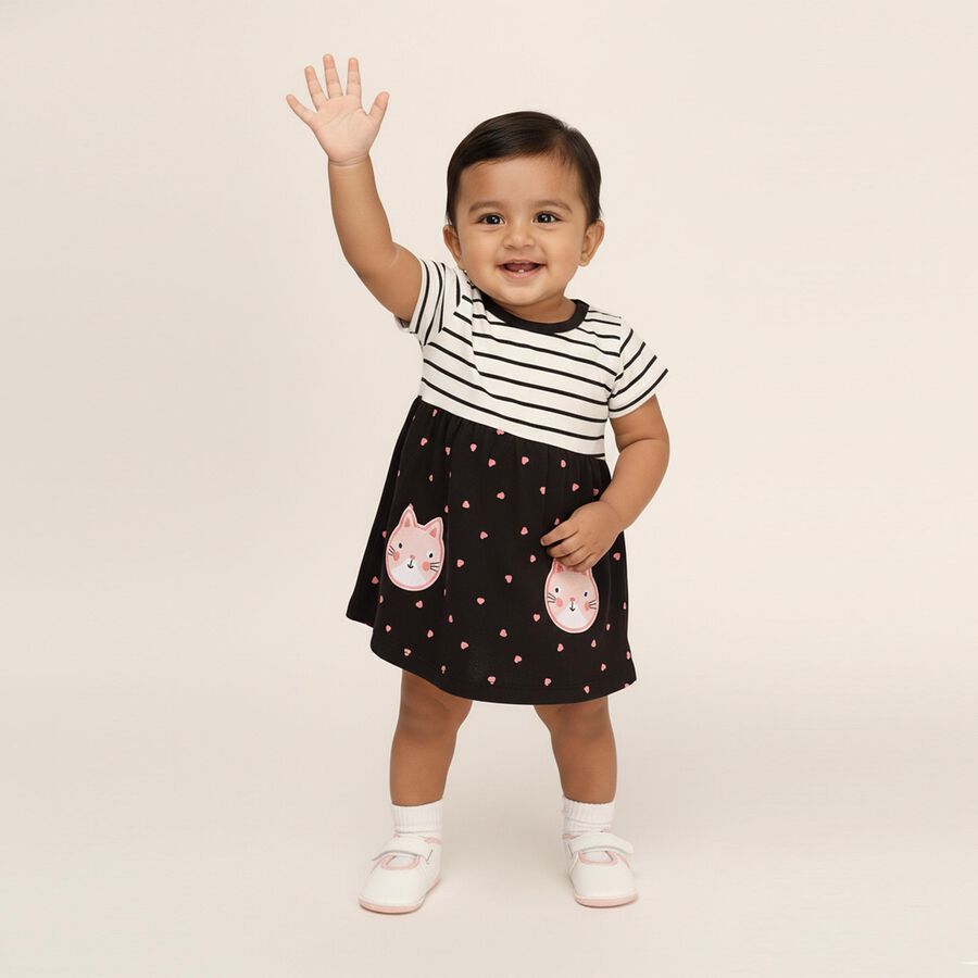 Infants' Black and White Striped Cotton Cat Print Frock, Dark Grey, large image number null