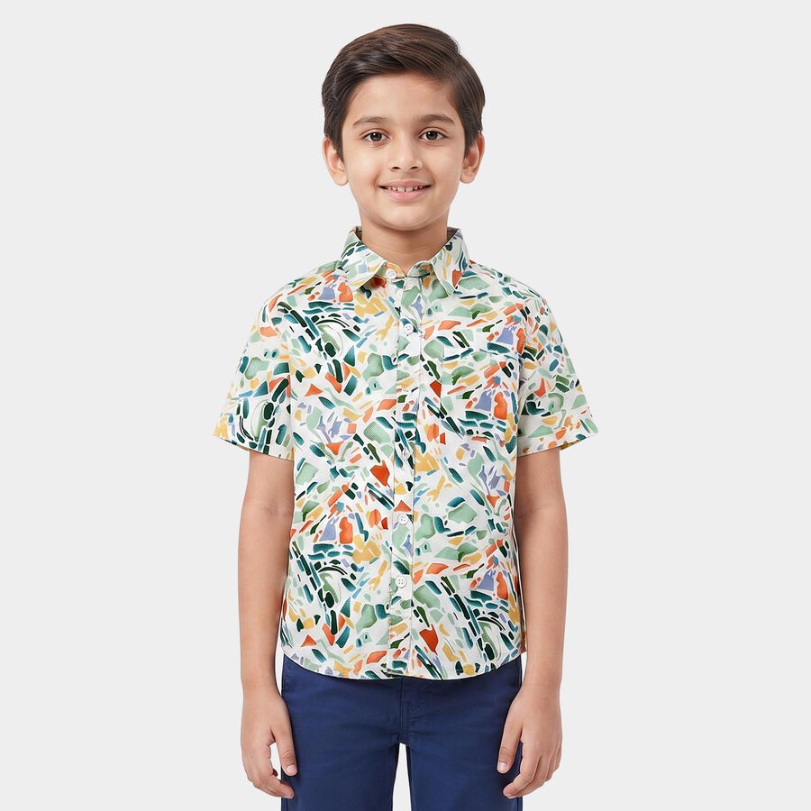 Boys' White Cotton Spread Collar Shirt, White, large