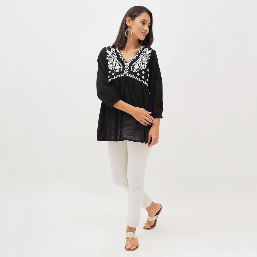 Women's Black Cotton V-Neck Embroidered Kurti, काला, large image number null