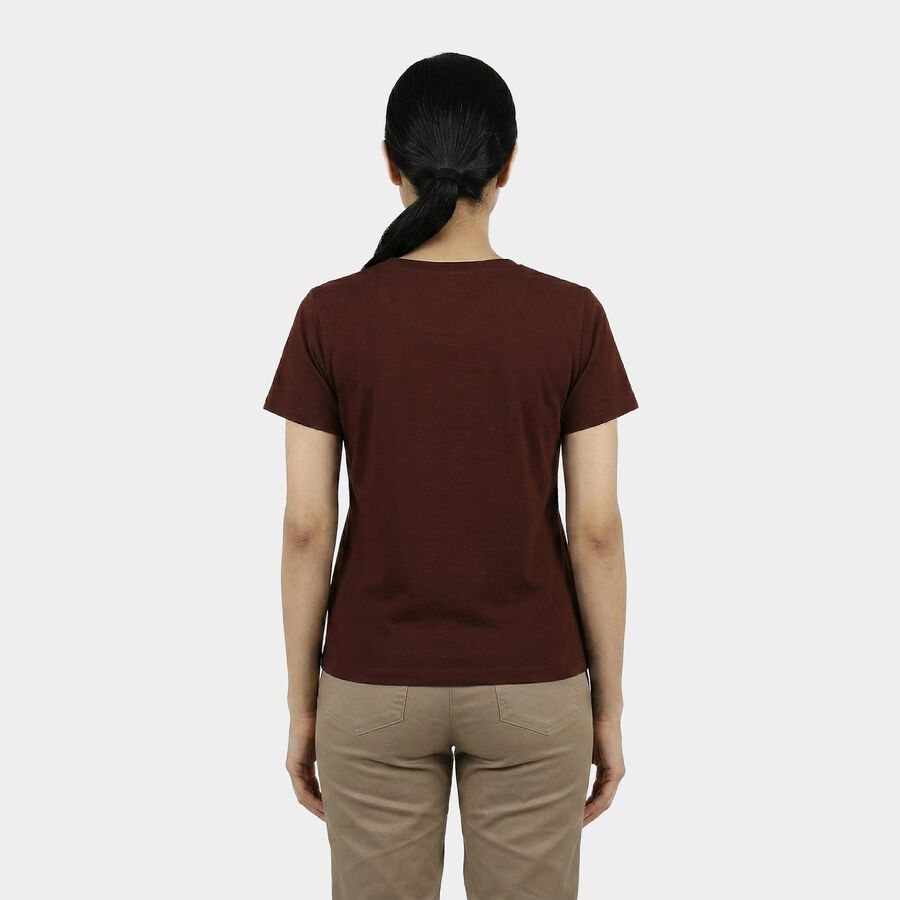 Women's Wine Round Neck Casual T-Shirt, वाइन, large