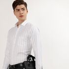 Men's White Striped Classic Collar Formal Shirt, Dark Green, small