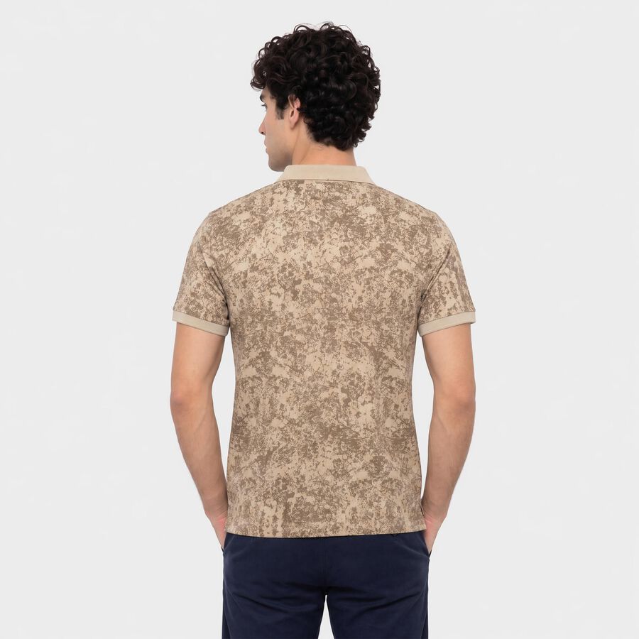 Men Beige Cotton Polo Neck Abstract Printed T-Shirt, Beige, large