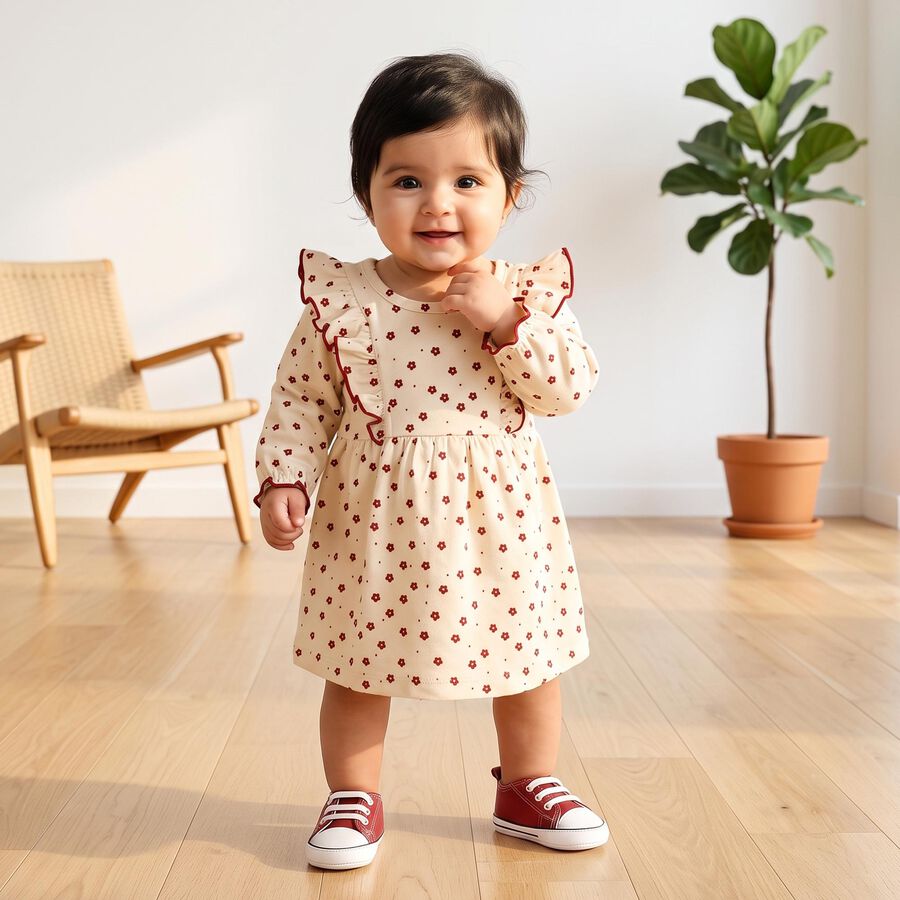 Infants' Cream Floral Printed Fit and Flare Frock, ऑफ व्हाइट, large