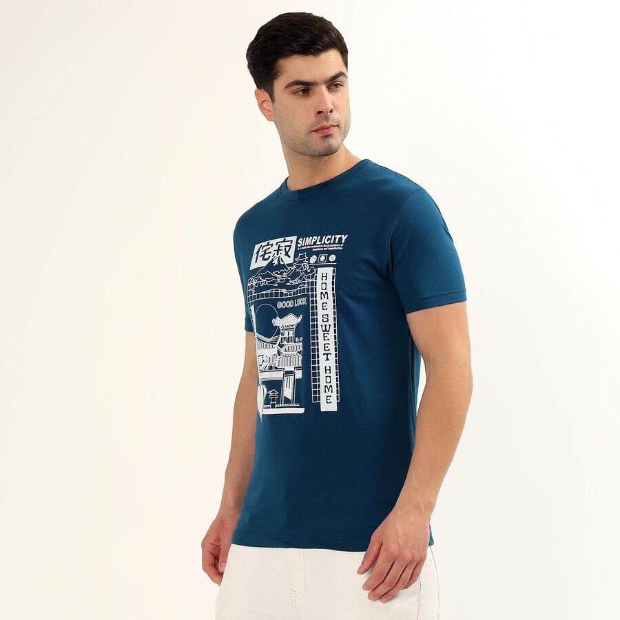 Men's Dark Petrol Blue Round Neck Graphic Printed T-Shirt, Teal Blue, large